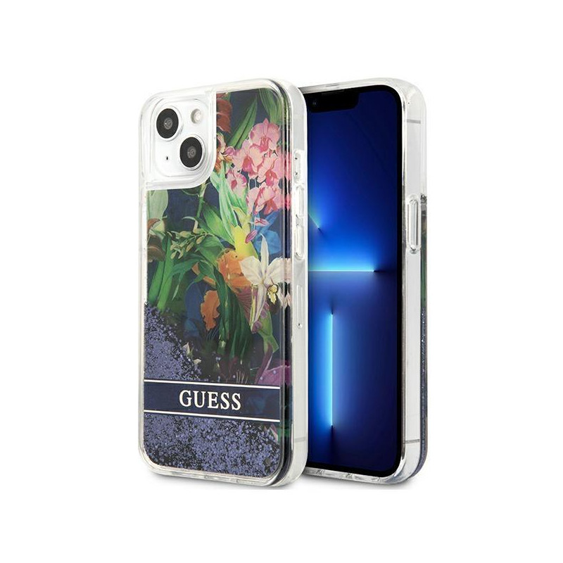 Guess Flower Liquid Glitter dėklas iPhone 13 mini - mėlynas