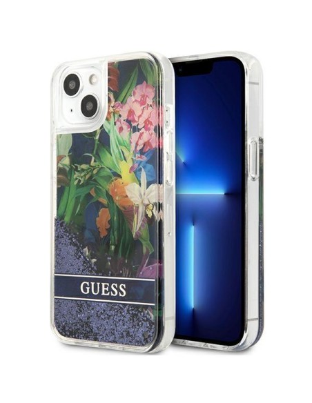Guess Flower Liquid Glitter dėklas iPhone 13 mini - mėlynas Guess Flower Liquid Glitter dėklas iPhone 13 mini - mėlynas