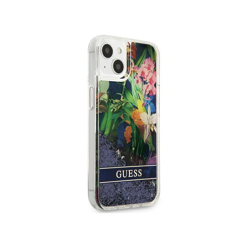 Guess Flower Liquid Glitter dėklas iPhone 13 mini - mėlynas