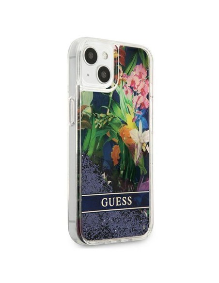 Guess Flower Liquid Glitter dėklas iPhone 13 mini - mėlynas Guess Flower Liquid Glitter dėklas iPhone 13 mini - mėlynas