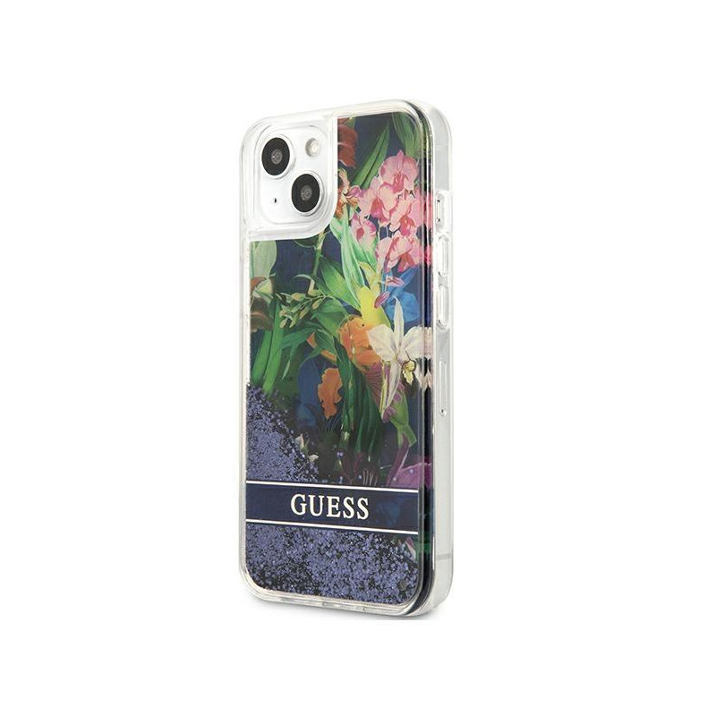 Guess Flower Liquid Glitter dėklas iPhone 13 mini - mėlynas
