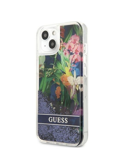 Guess Flower Liquid Glitter dėklas iPhone 13 mini - mėlynas Guess Flower Liquid Glitter dėklas iPhone 13 mini - mėlynas