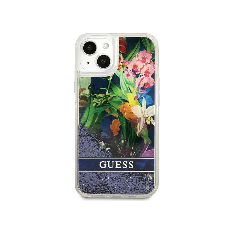 Guess Flower Liquid Glitter dėklas iPhone 13 mini - mėlynas