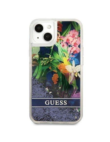Guess Flower Liquid Glitter dėklas iPhone 13 mini - mėlynas Guess Flower Liquid Glitter dėklas iPhone 13 mini - mėlynas