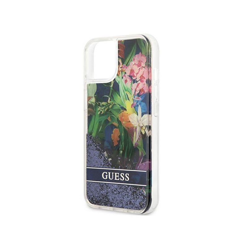 Guess Flower Liquid Glitter dėklas iPhone 13 mini - mėlynas