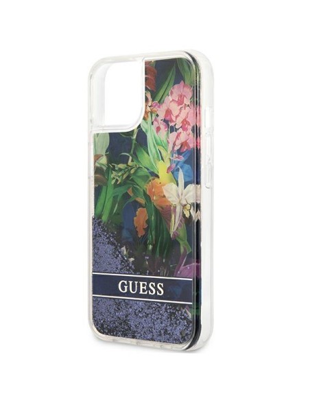 Guess Flower Liquid Glitter dėklas iPhone 13 mini - mėlynas Guess Flower Liquid Glitter dėklas iPhone 13 mini - mėlynas