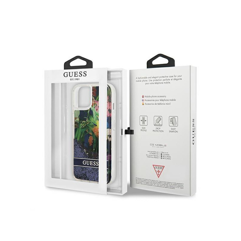 Guess Flower Liquid Glitter dėklas iPhone 13 mini - mėlynas