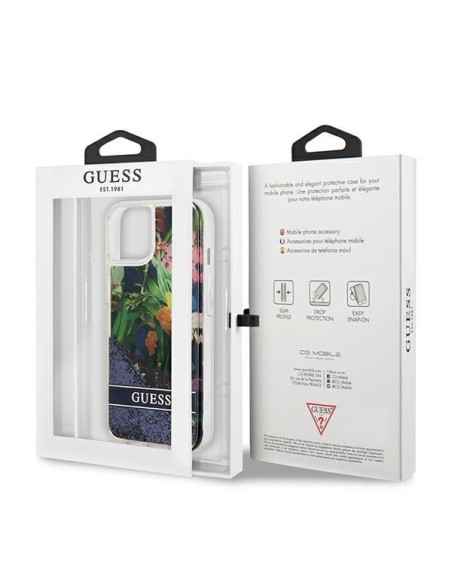 Guess Flower Liquid Glitter dėklas iPhone 13 mini - mėlynas Guess Flower Liquid Glitter dėklas iPhone 13 mini - mėlynas