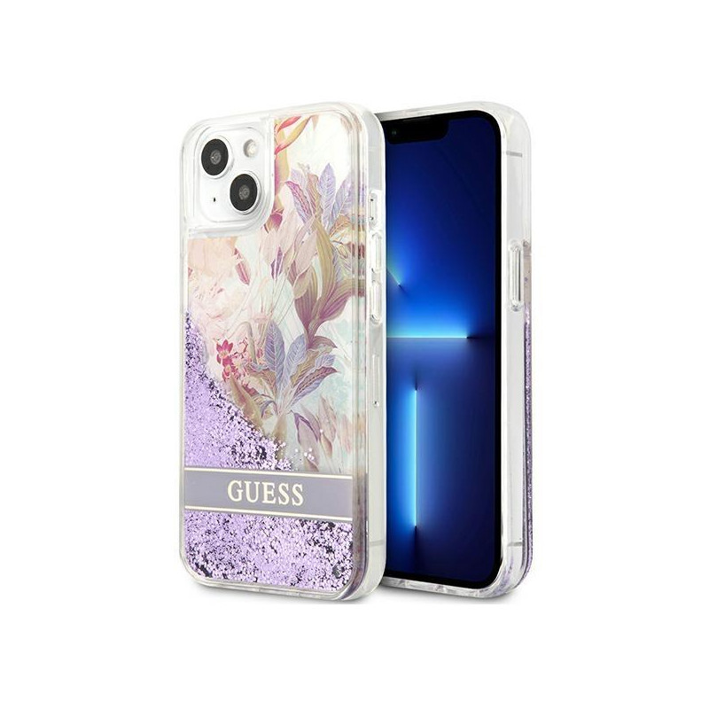 Guess Flower Liquid Glitter dėklas iPhone 13 mini - violetinis Guess Flower Liquid Glitter dėklas iPhone 13 mini - violetinis