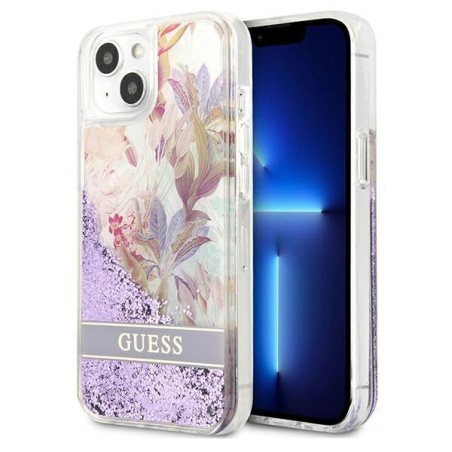 Guess Flower Liquid Glitter dėklas iPhone 13 mini - violetinis Guess Flower Liquid Glitter dėklas iPhone 13 mini - violetinis