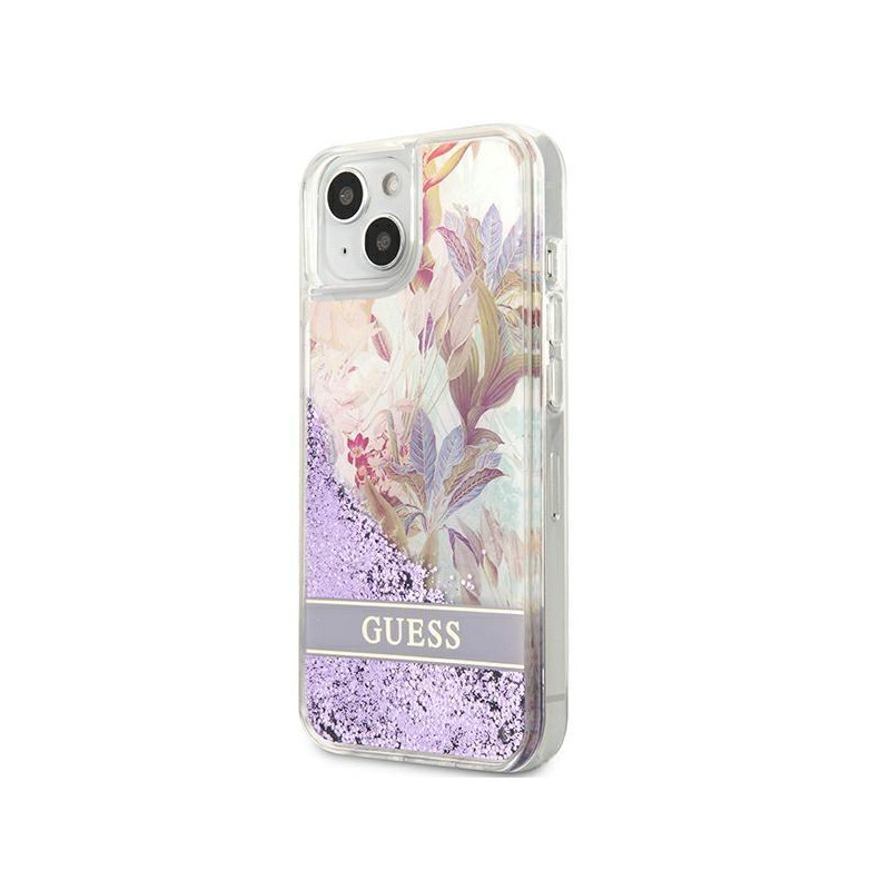 Guess Flower Liquid Glitter dėklas iPhone 13 mini - violetinis