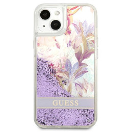 Guess Flower Liquid Glitter dėklas iPhone 13 mini - violetinis