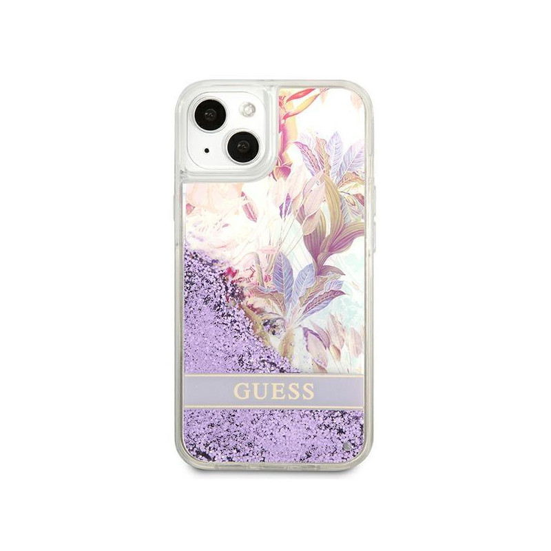 Guess Flower Liquid Glitter dėklas iPhone 13 mini - violetinis