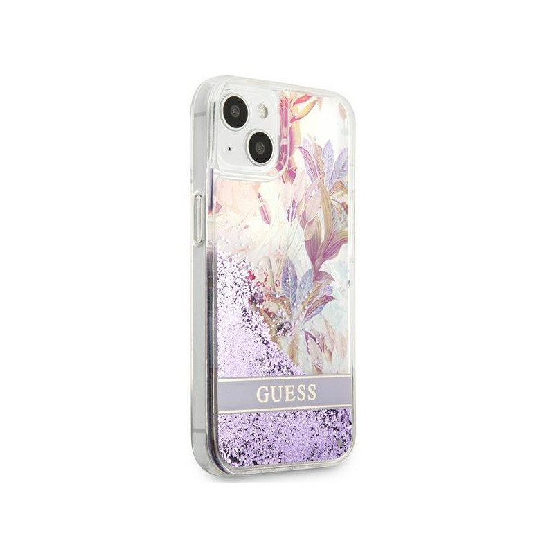 Guess Flower Liquid Glitter dėklas iPhone 13 mini - violetinis