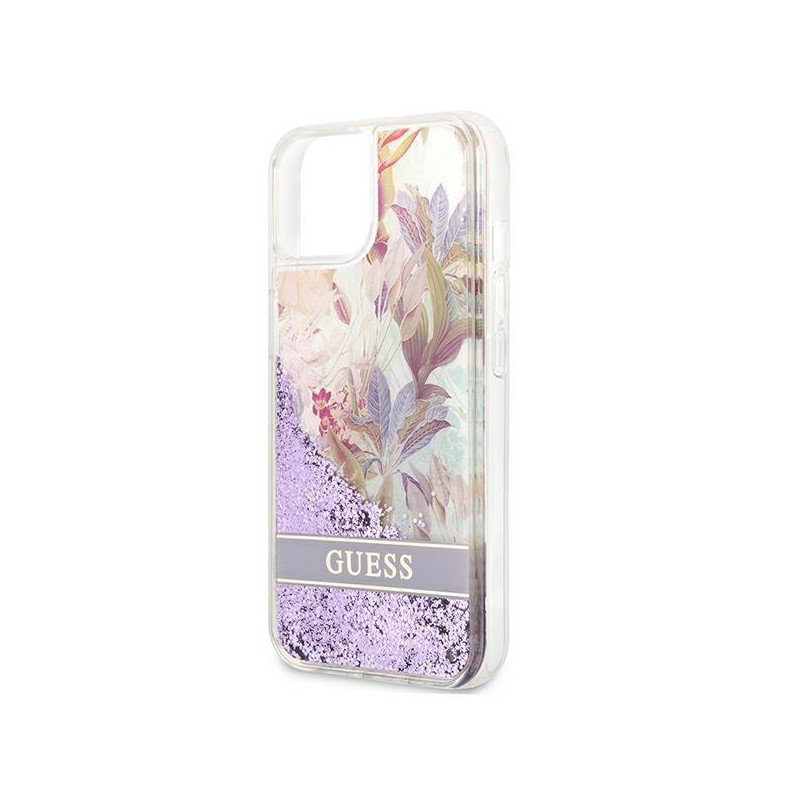 Guess Flower Liquid Glitter dėklas iPhone 13 mini - violetinis