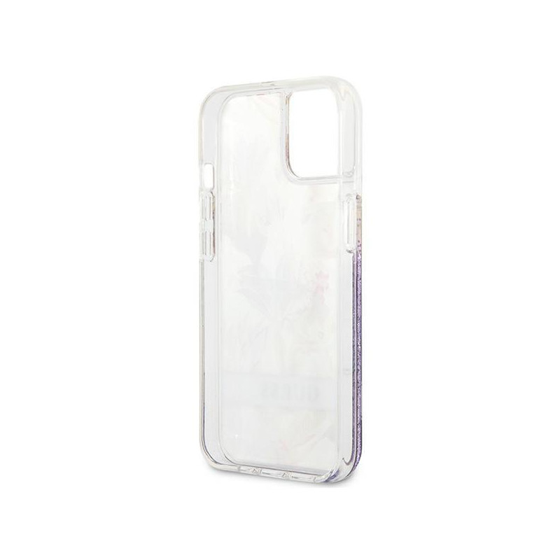 Guess Flower Liquid Glitter dėklas iPhone 13 mini - violetinis