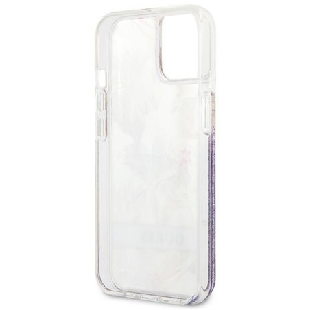 Guess Flower Liquid Glitter dėklas iPhone 13 mini - violetinis Guess Flower Liquid Glitter dėklas iPhone 13 mini - violetinis