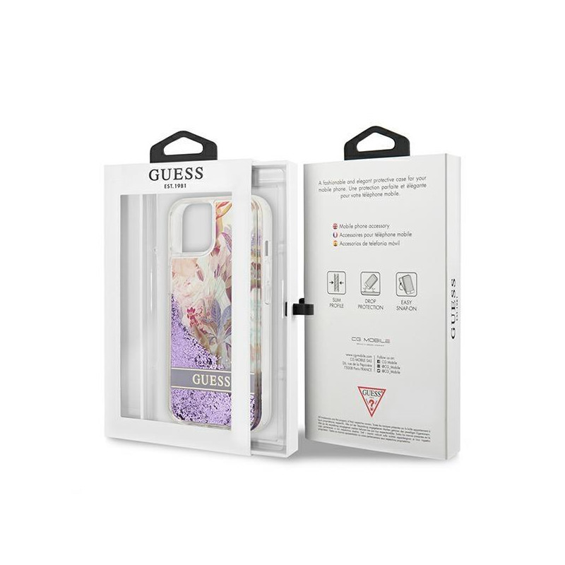 Guess Flower Liquid Glitter dėklas iPhone 13 mini - violetinis