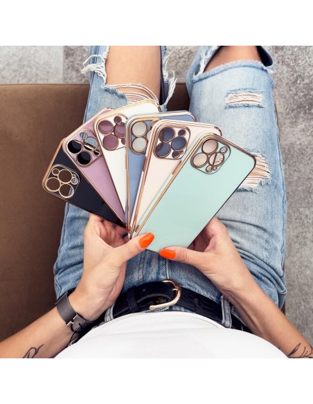 Lighting Color Case dėklas, skirtas iPhone 12 Pro Max gelio dangteliu su auksiniu rėmeliu rožinis