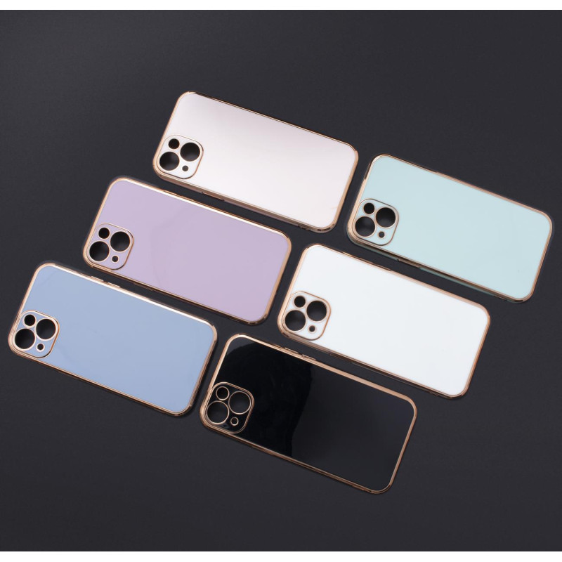 Lighting Color Case dėklas, skirtas iPhone 12 Pro Max gelio dangteliu su auksiniu rėmeliu violetiniu