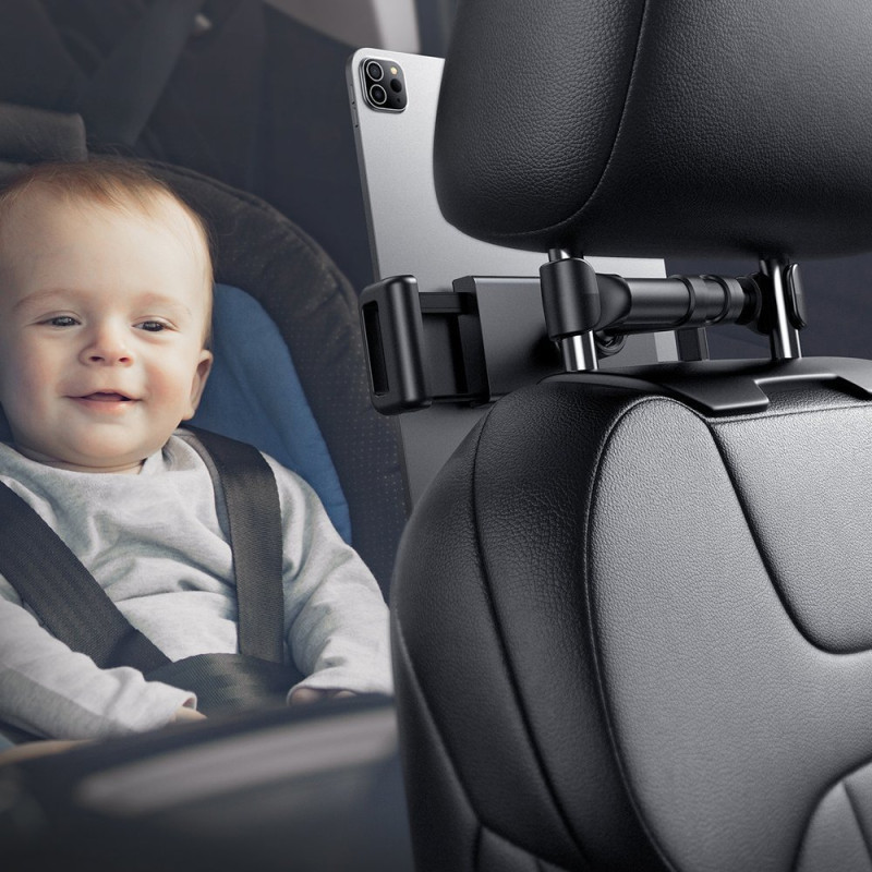 Juodas automobilinis laikiklis planšetiniams kompiuteriams ir išmaniesiems telefonams ant sėdynės galvos atramos