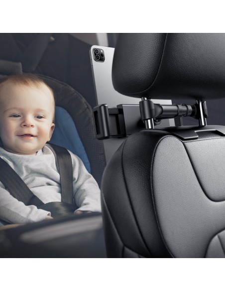 Juodas automobilinis laikiklis planšetiniams kompiuteriams ir išmaniesiems telefonams ant sėdynės galvos atramos Juodas automobilinis laikiklis planšetiniams kompiuteriams ir išmaniesiems telefonams ant sėdynės galvos atramos
