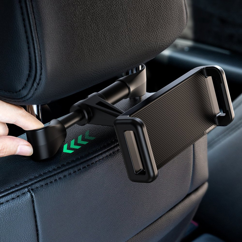 Juodas automobilinis laikiklis planšetiniams kompiuteriams ir išmaniesiems telefonams ant sėdynės galvos atramos