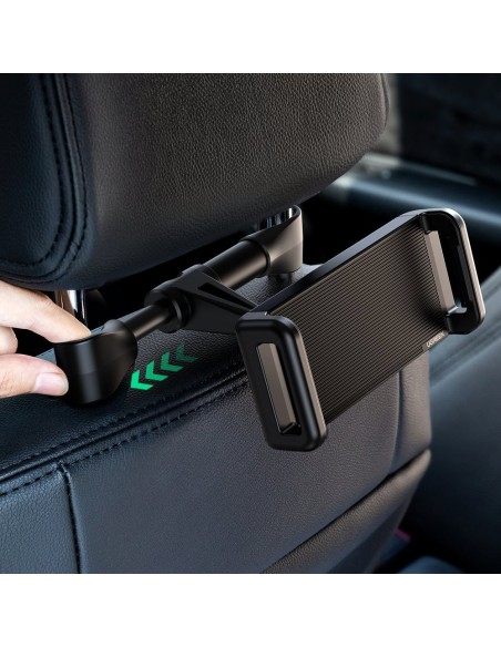 Juodas automobilinis laikiklis planšetiniams kompiuteriams ir išmaniesiems telefonams ant sėdynės galvos atramos Juodas automobilinis laikiklis planšetiniams kompiuteriams ir išmaniesiems telefonams ant sėdynės galvos atramos