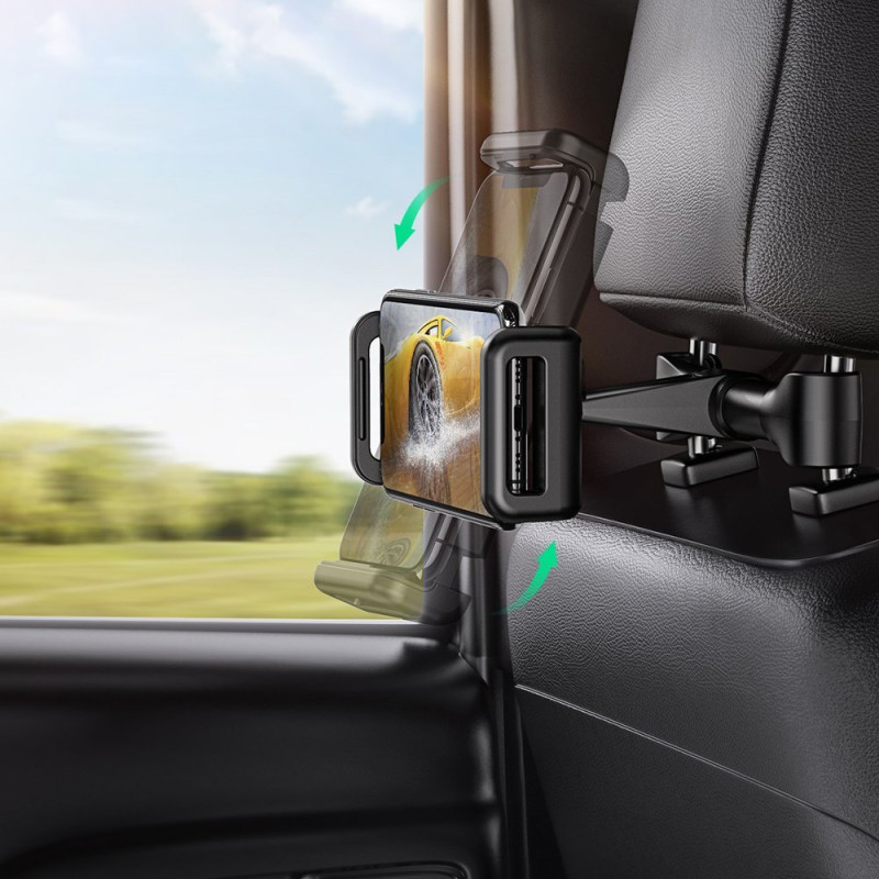 Juodas automobilinis laikiklis planšetiniams kompiuteriams ir išmaniesiems telefonams ant sėdynės galvos atramos