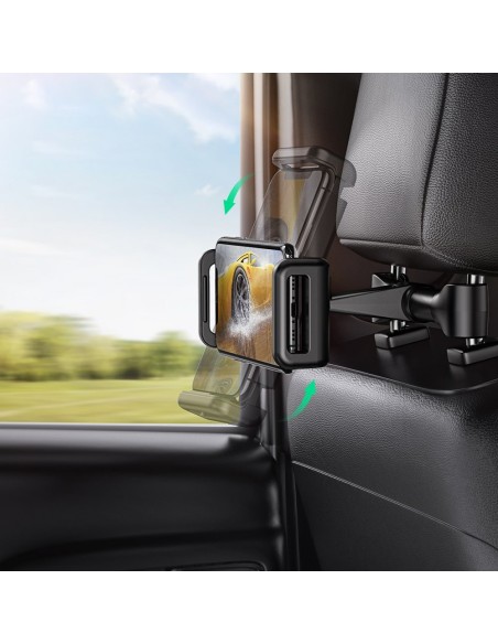 Juodas automobilinis laikiklis planšetiniams kompiuteriams ir išmaniesiems telefonams ant sėdynės galvos atramos Juodas automobilinis laikiklis planšetiniams kompiuteriams ir išmaniesiems telefonams ant sėdynės galvos atramos