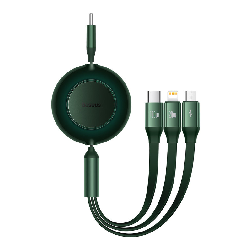 Ištraukiamas kabelis 3in1 USB-C microUSB + iPhone Lightning + USB-C 3.5A 1.1m žalias