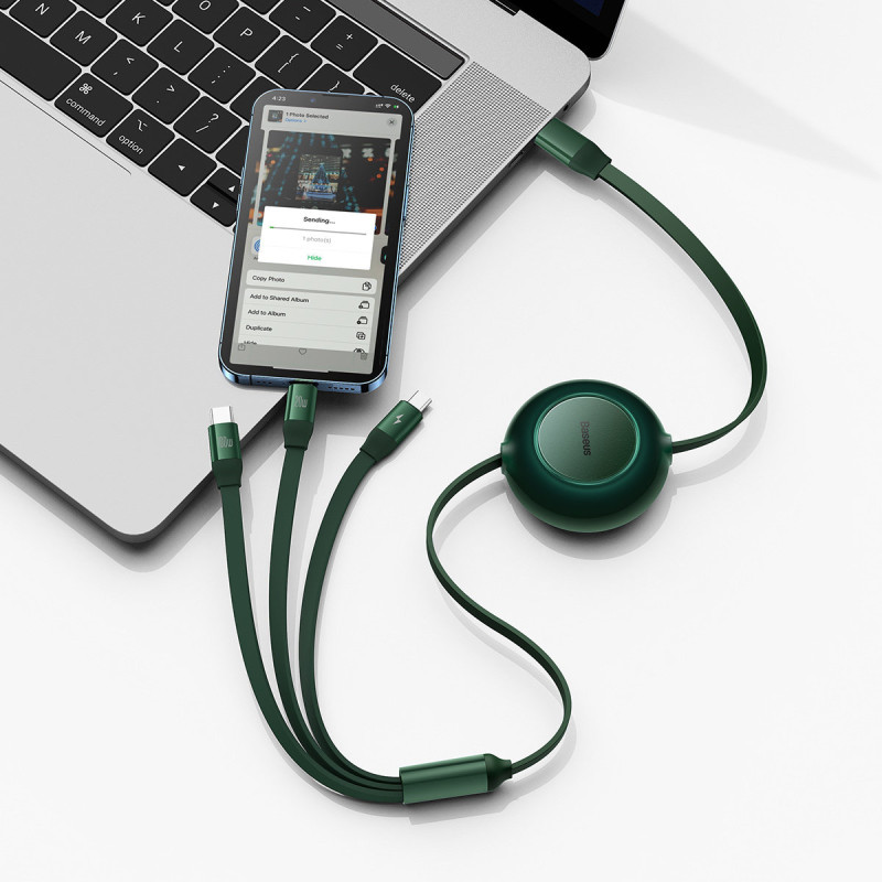 Ištraukiamas kabelis 3in1 USB-C microUSB + iPhone Lightning + USB-C 3.5A 1.1m žalias