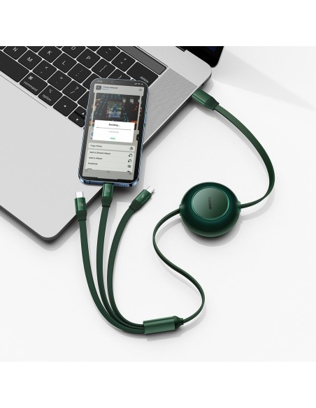Ištraukiamas kabelis 3in1 USB-C microUSB + iPhone Lightning + USB-C 3.5A 1.1m žalias Ištraukiamas kabelis 3in1 USB-C microUSB + iPhone Lightning + USB-C 3.5A 1.1m žalias