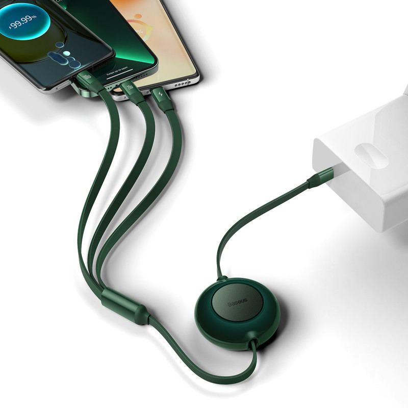 Ištraukiamas kabelis 3in1 USB-C microUSB + iPhone Lightning + USB-C 3.5A 1.1m žalias