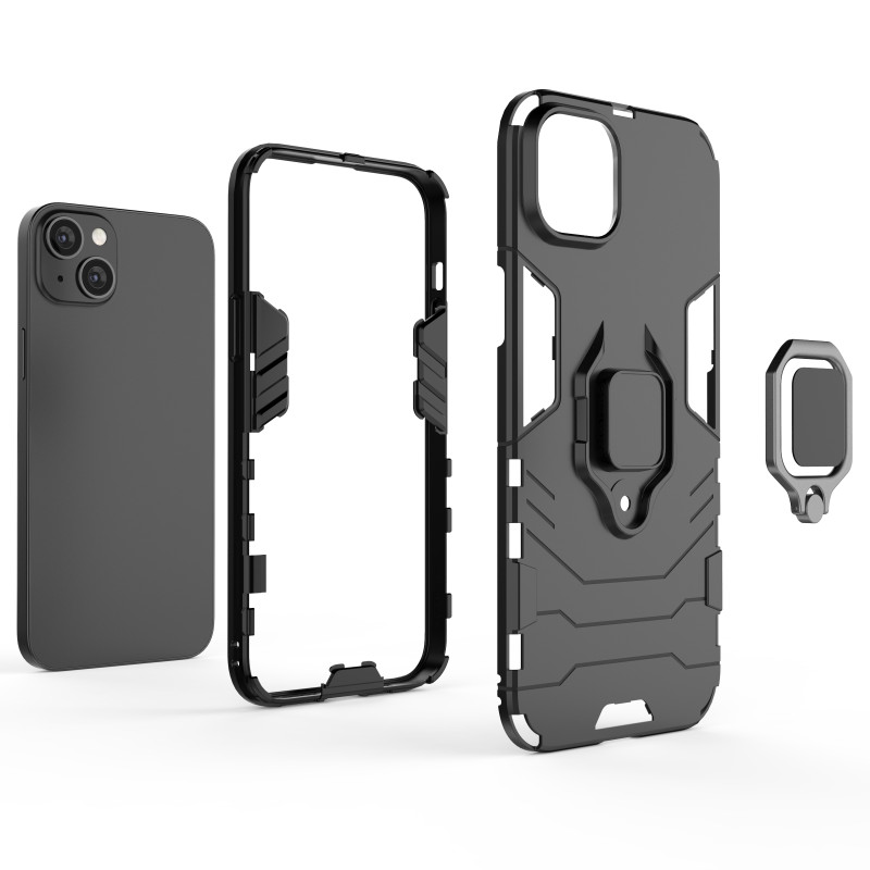 Ring Armor dėklas iPhone 14 Plus, šarvuotas dangtelis, magnetinis žiedo laikiklis, juodas