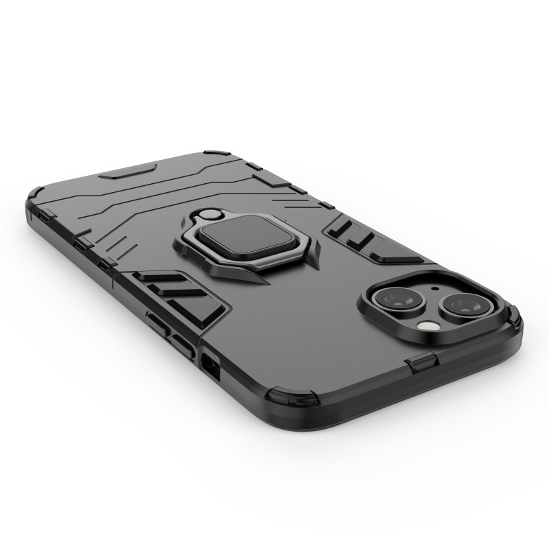 Ring Armor dėklas iPhone 14 Plus, šarvuotas dangtelis, magnetinis žiedo laikiklis, juodas