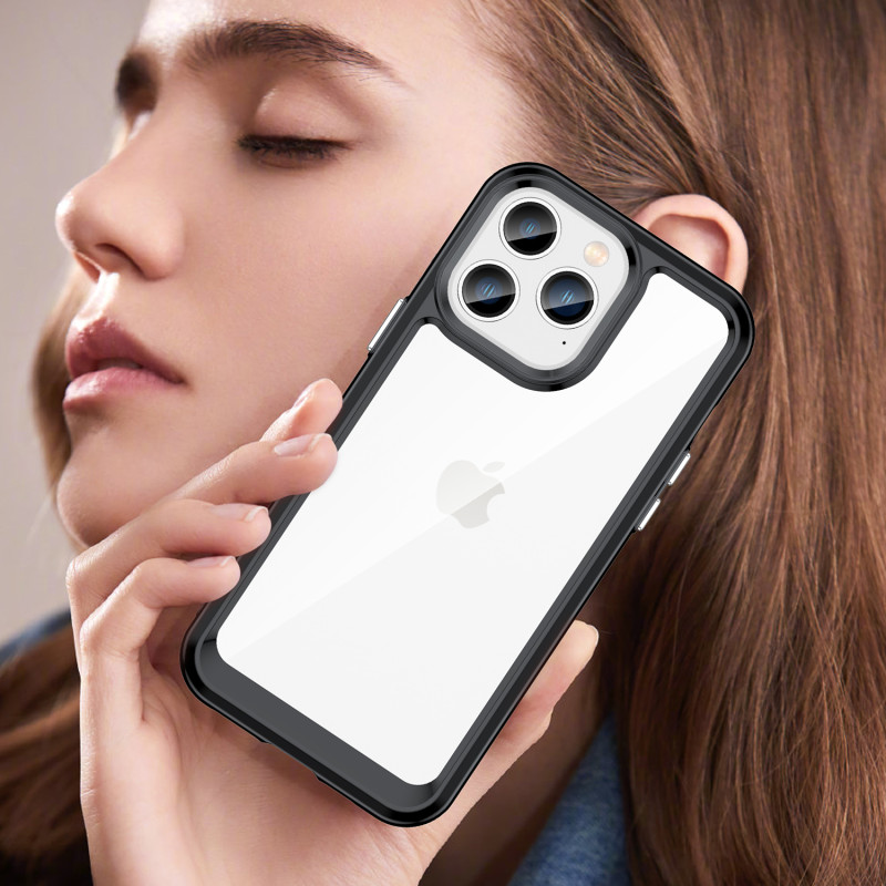 „Outer Space“ dėklas, skirtas iPhone 14 Pro Max, kietas dangtelis su gelio rėmeliu, juodas