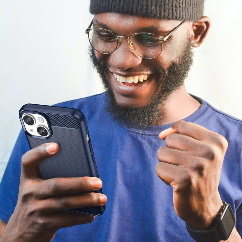 Carbon Case iPhone 14 dėklas, lankstus gelio galinis dangtelis, mėlynas