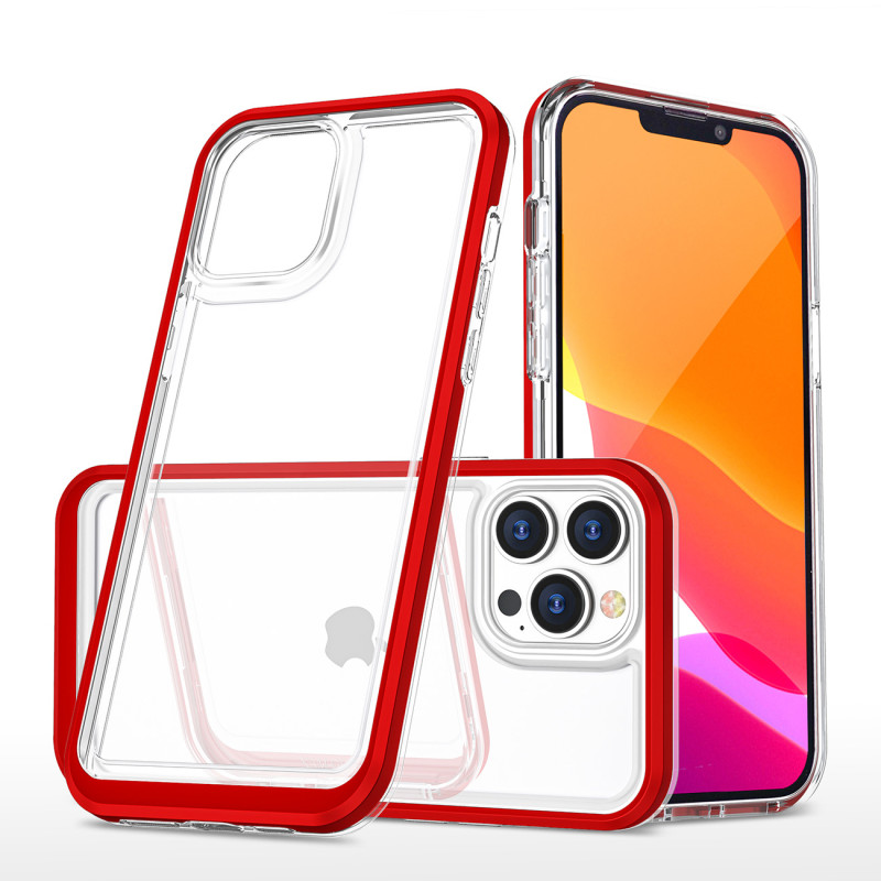 Skaidrus 3in1 iPhone 14 Pro dėklas, silikoninis dangtelis su raudonu rėmeliu
