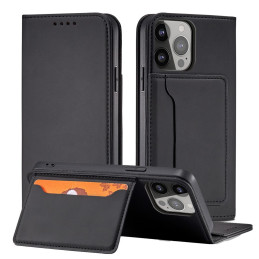 Magnetinės kortelės dėklas iPhone 14 dėklo dangtelis su atlenktu piniginės stovu juodas