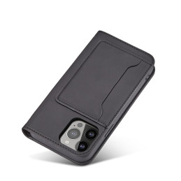 Magnetinės kortelės dėklas iPhone 14 dėklo dangtelis su atlenktu piniginės stovu juodas