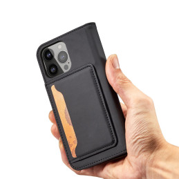 Magnetinės kortelės dėklas iPhone 14 dėklo dangtelis su atlenktu piniginės stovu juodas
