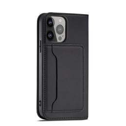 Magnetinės kortelės dėklas iPhone 14 dėklo dangtelis su atlenktu piniginės stovu juodas