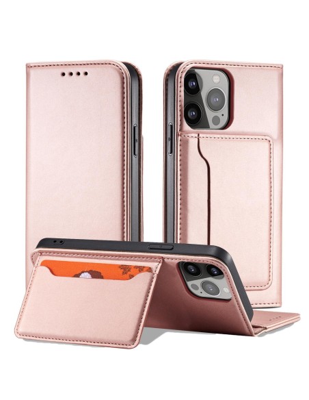 Magnetinės kortelės dėklas iPhone 14 dėklo dangtelis su atvartu, rožinės spalvos piniginės stovu