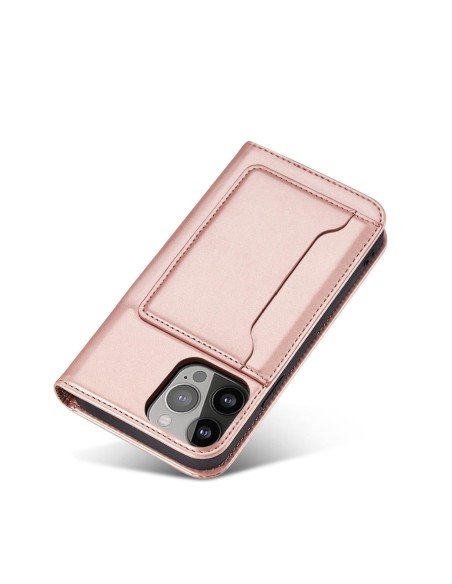 Magnetinės kortelės dėklas iPhone 14 dėklo dangtelis su atvartu, rožinės spalvos piniginės stovu