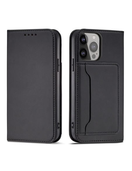 Magnetinės kortelės dėklas iPhone 14 Plus, dangtelis su atvartu, piniginės stovas, juodas