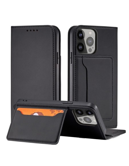 Magnetinės kortelės dėklas iPhone 14 Plus, dangtelis su atvartu, piniginės stovas, juodas