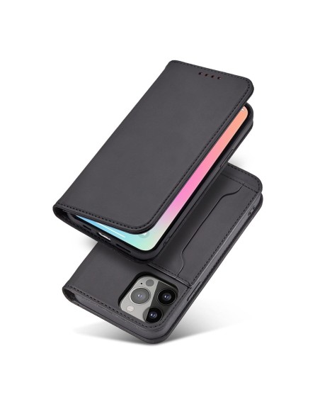 Magnetinės kortelės dėklas iPhone 14 Plus, dangtelis su atvartu, piniginės stovas, juodas
