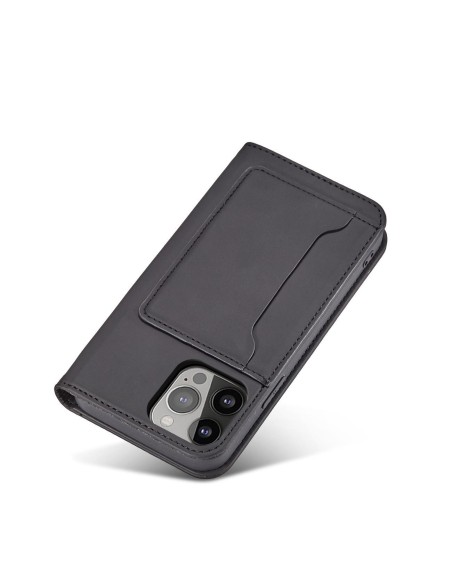 Magnetinės kortelės dėklas iPhone 14 Plus, dangtelis su atvartu, piniginės stovas, juodas