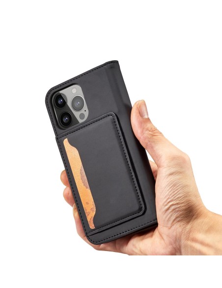 Magnetinės kortelės dėklas iPhone 14 Plus, dangtelis su atvartu, piniginės stovas, juodas